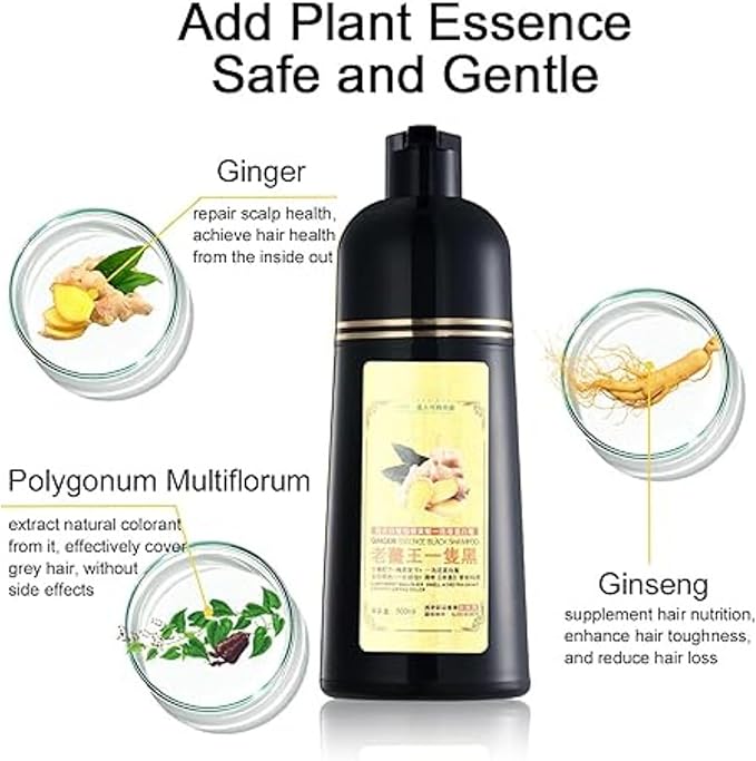 Mokeru 500ML Hair Colour Shampoo - Ginger Black Dye for Gray Hair in 5 Minutes, 100% Healthy No Damage Instant Cover for Women & Men
